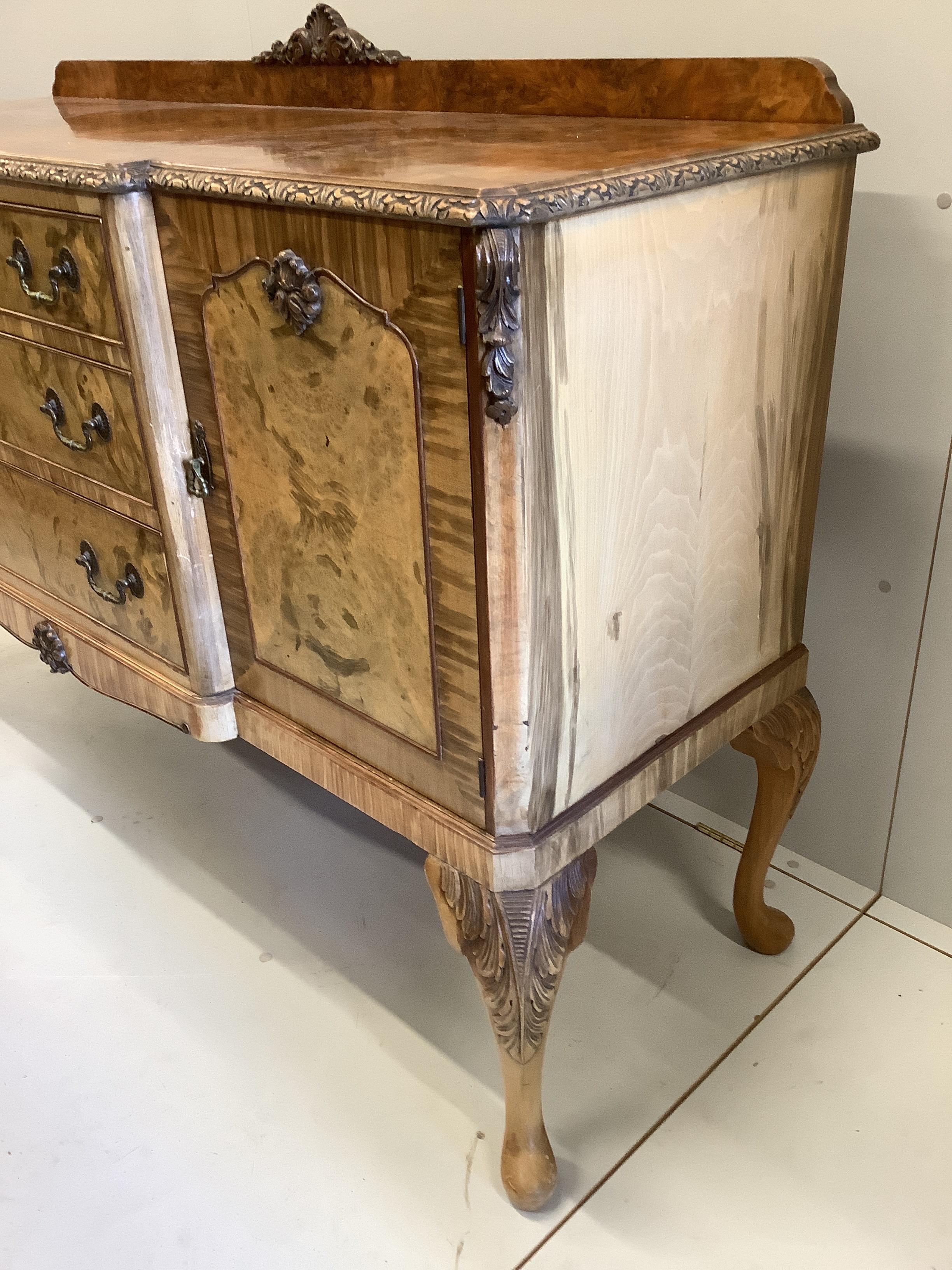 A Queen Anne revival walnut and simulated walnut breakfront sideboard, width 150cm, depth 53cm, height 109cm